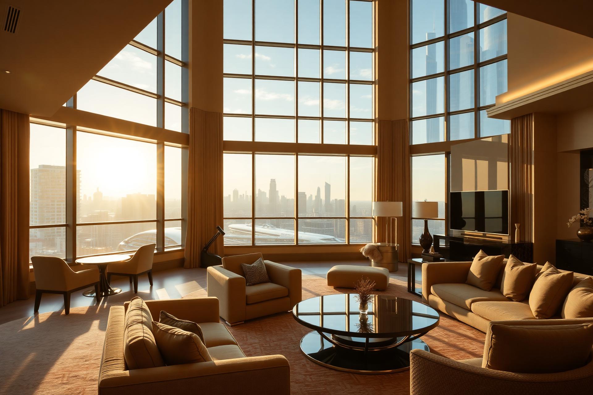 Luxurious living room with city skyline view
